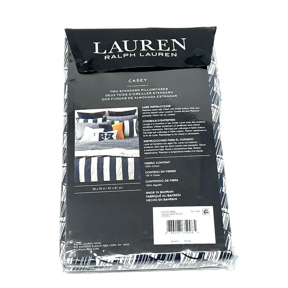Ralph Lauren Casey Standard Pillowcases Navy Blue Cream PAIR Sails Nautical Geo